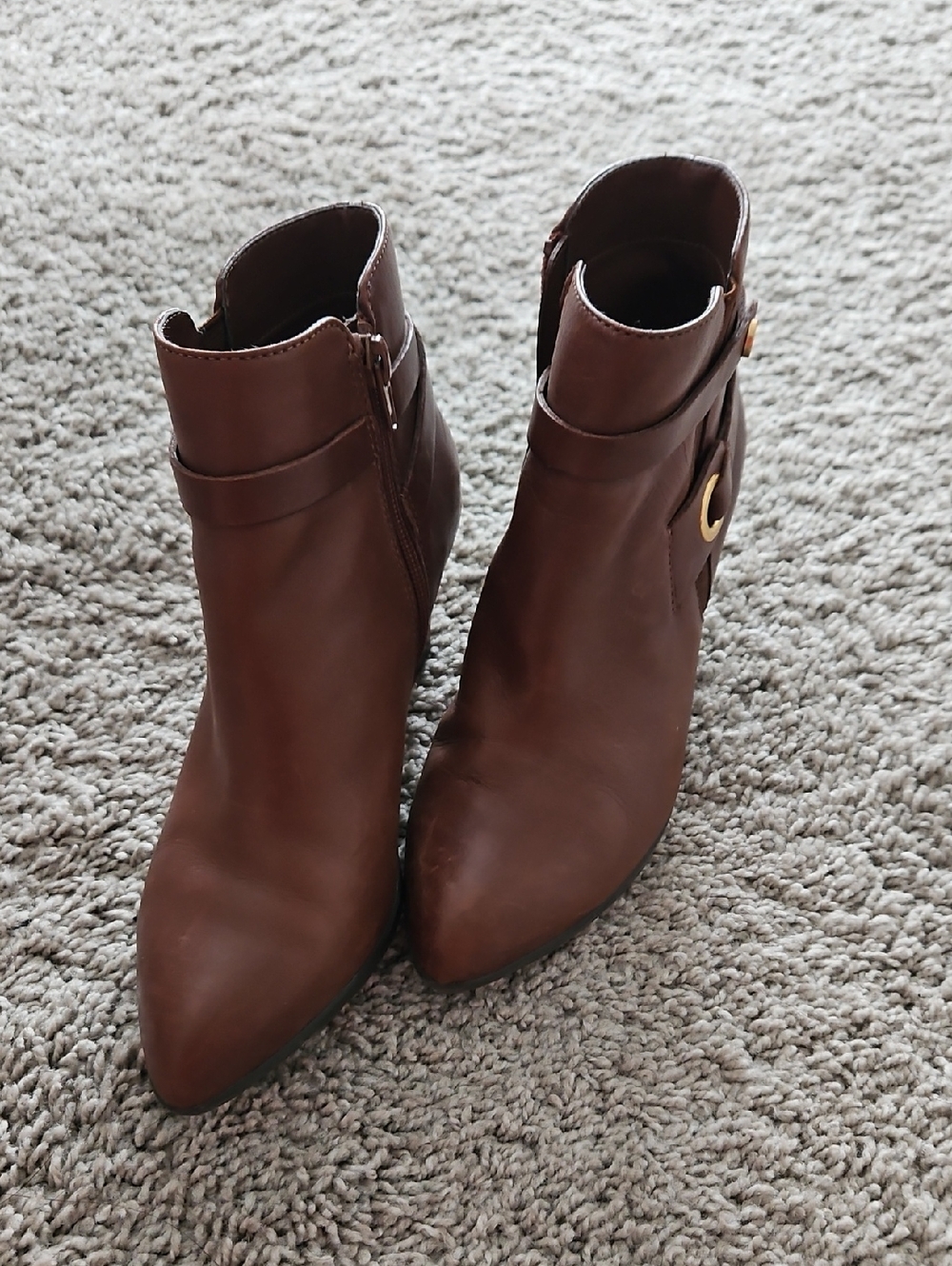 Anne Klein Chestnut Brown Pointed Toe Ankle Booties with Buckle